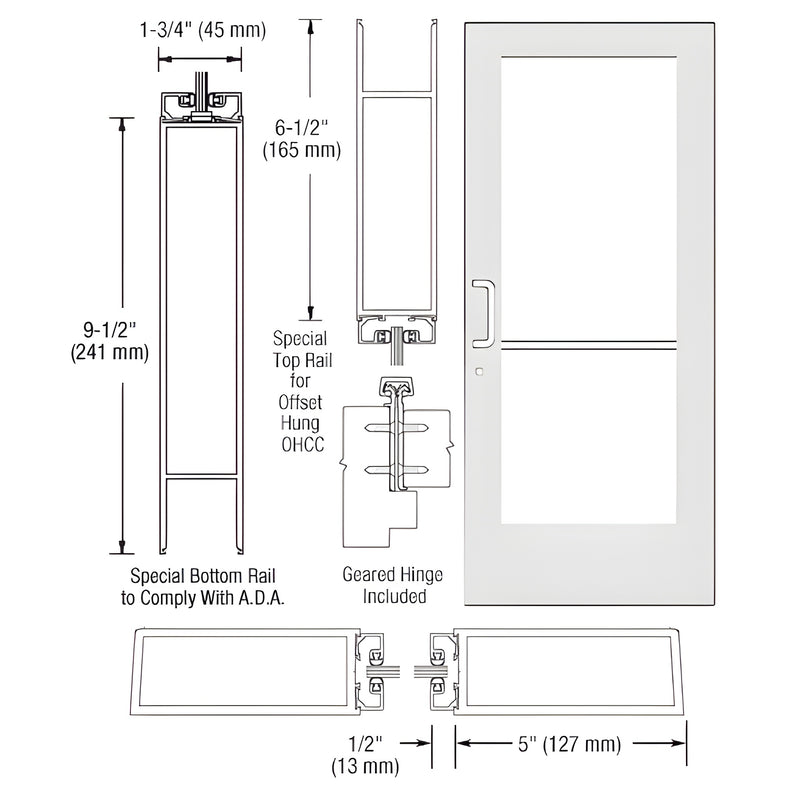 Technical diagram showing the profile and dimensions of a Series 550 wide stile entrance door with geared hinge and ADA-compliant bottom rail.