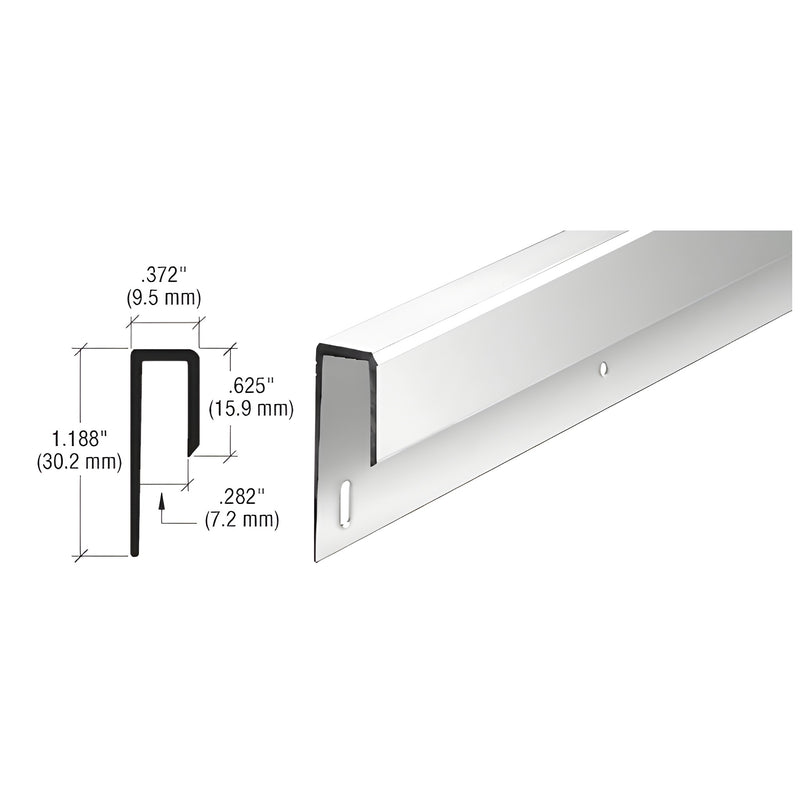 A technical diagram showing the profile dimensions next to a length of polished brite anodized aluminum J-channel.