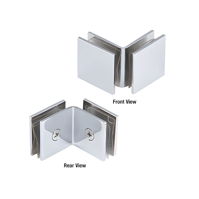 Front and rear views of a polished chrome square glass-to-glass clamp designed for 90-degree corner shower enclosures.