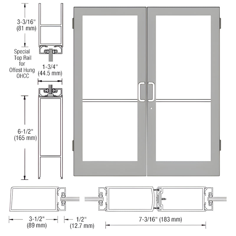Technical diagram showing the profile dimensions and elevation of a Series 400 medium stile butt hinged entrance door pair.