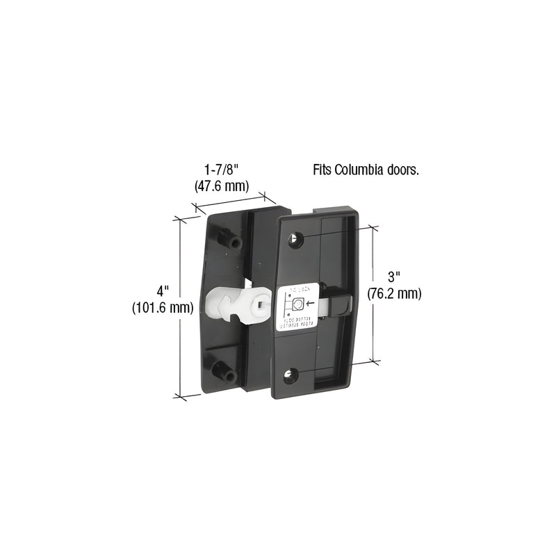 A black plastic sliding screen door latch and pull with a 4-inch height and 3-inch screw hole spacing shown with dimension lines.