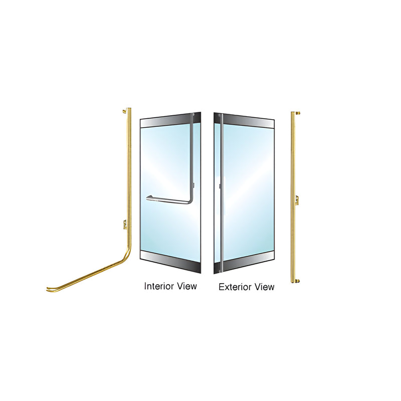A polished brass rail mount dummy handle shown in interior and exterior views for a glass door application.