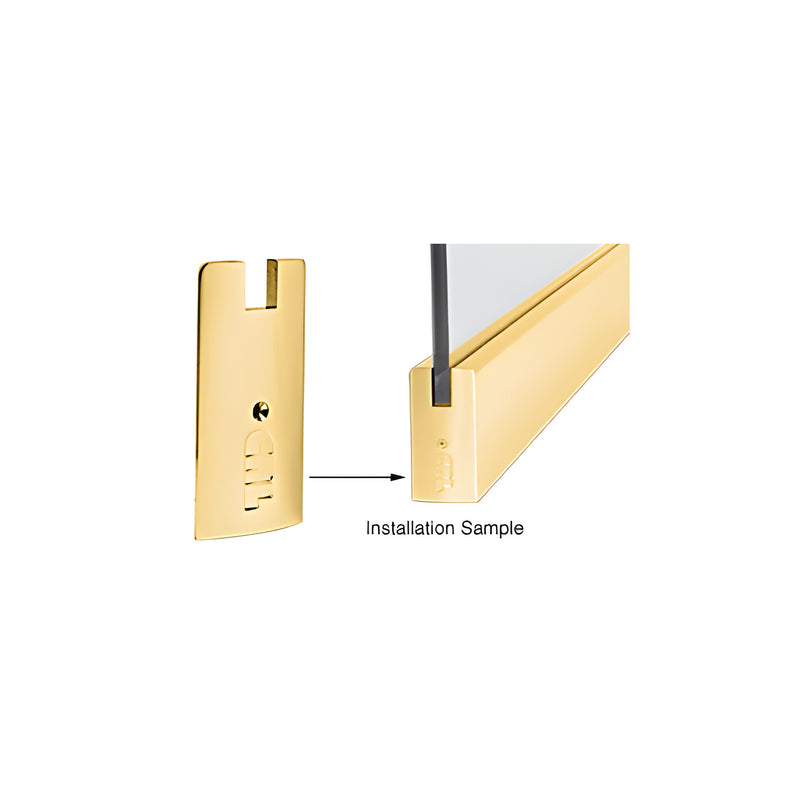 A polished brass square end cap for a sidelite rail shown individually and installed on a 3/4 inch glass panel.