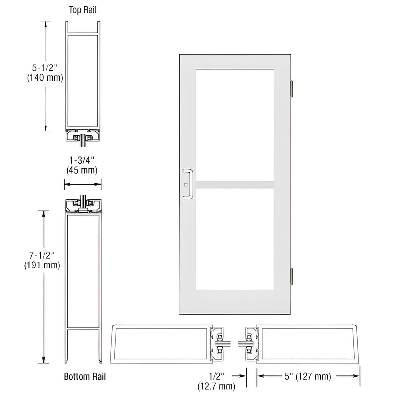 Technical diagram showing the profile dimensions of the Series 550 wide stile entrance door with top and bottom rail measurements.