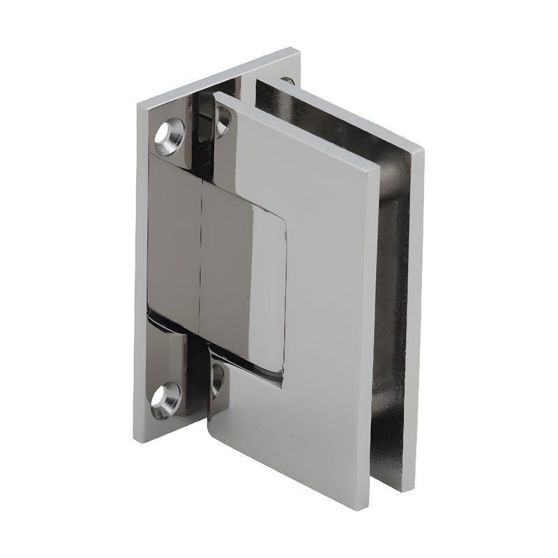 A polished nickel Geneva 037 series wall mount hinge shown from an angled perspective.