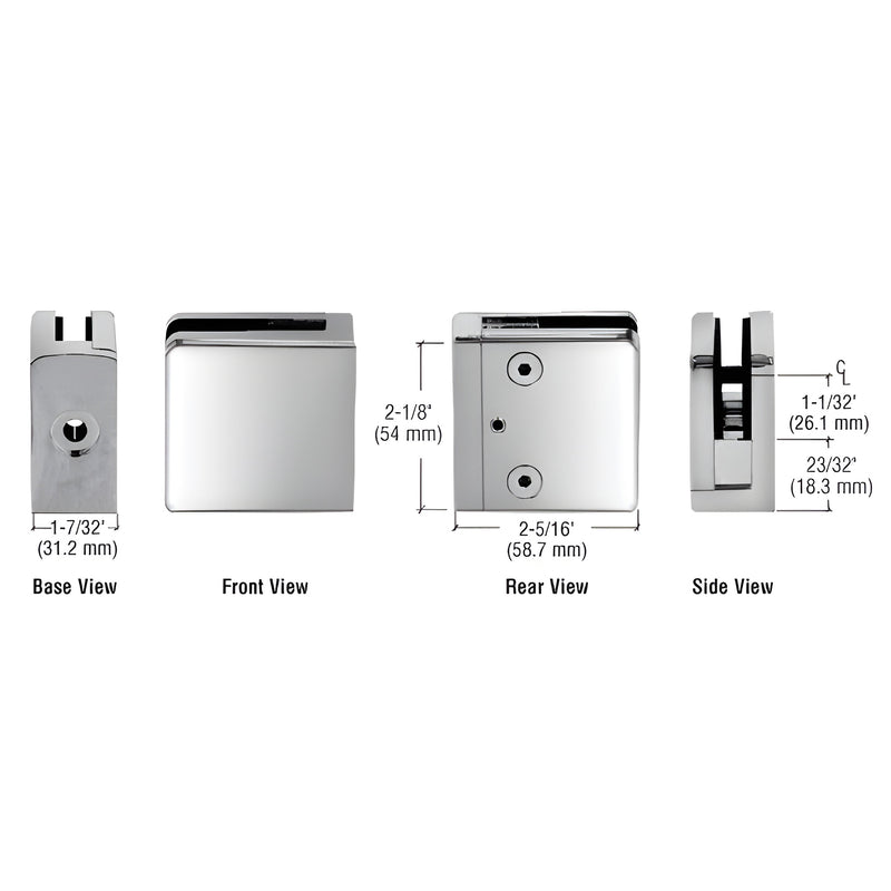 A technical diagram showing the base, front, rear, and side views of a square polished stainless steel glass clamp with dimension labels.