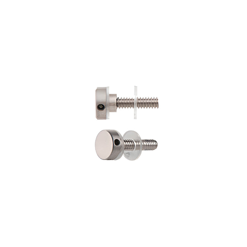 Two views of a 1/2 inch diameter brushed stainless steel standoff cap assembly with a 1-1/2 inch stud.