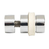 A side view of a polished chrome brass glass shelf rest with a white protective washer.