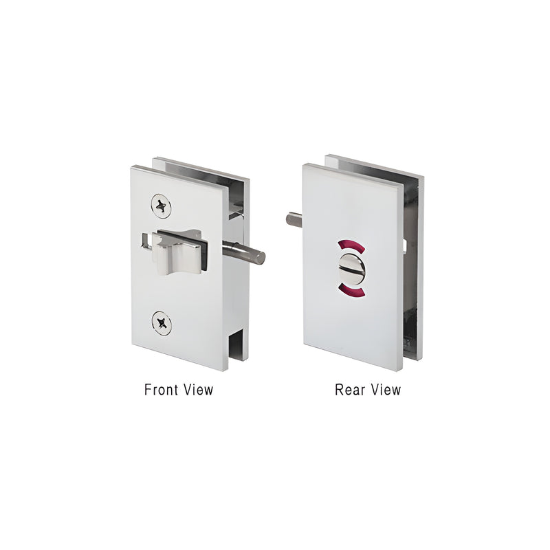 Front and rear views of a polished chrome Geneva series sliding block lock made of brass.