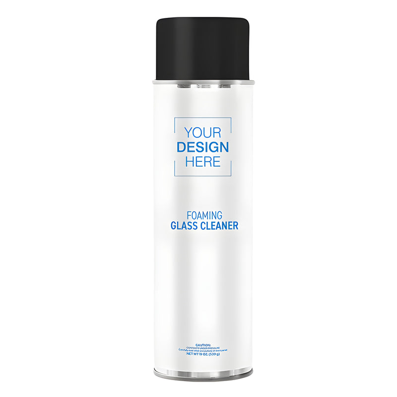 A single 19oz aerosol can of foaming glass cleaner featuring a black cap and a customizable label area.