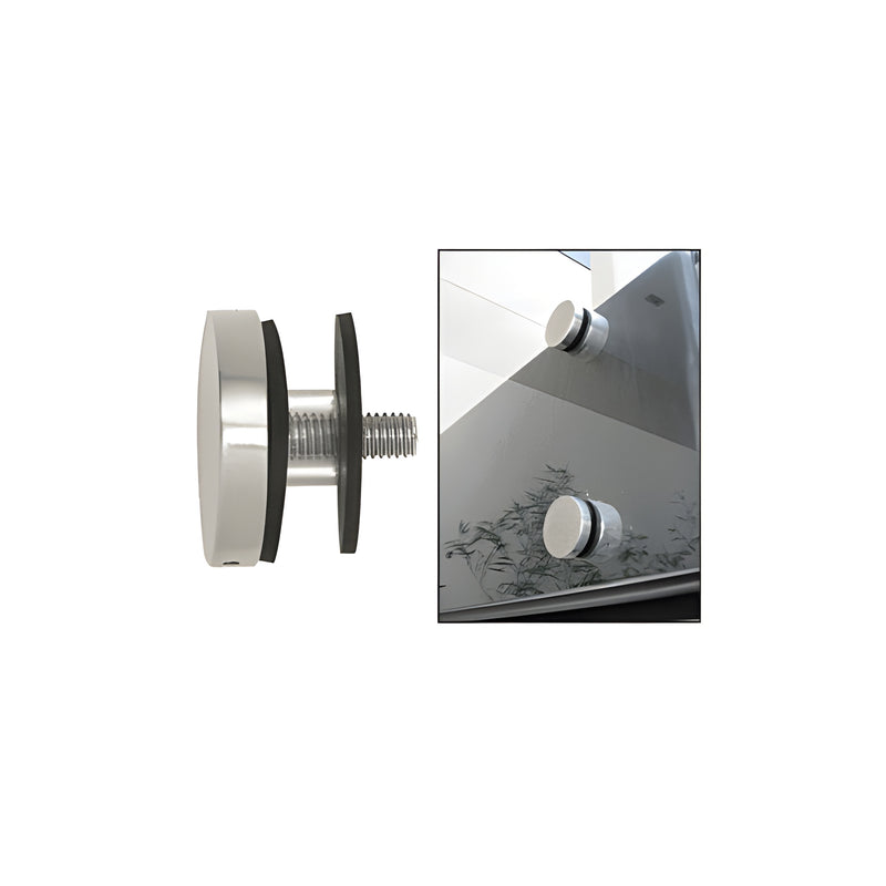 A side view of a round brushed stainless steel standoff cap assembly alongside an application view showing the hardware installed on a glass panel.