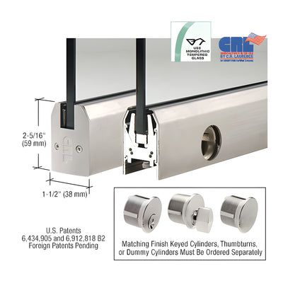 Brushed Stainless Low Profile Tapered DRS Door Patch Rail With Lock for 3/8" Glass - 8" Length