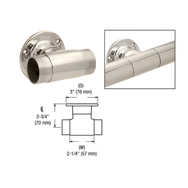 A polished stainless steel flush wall mount tee for 1-1/2 inch tubing shown with a technical dimension diagram.