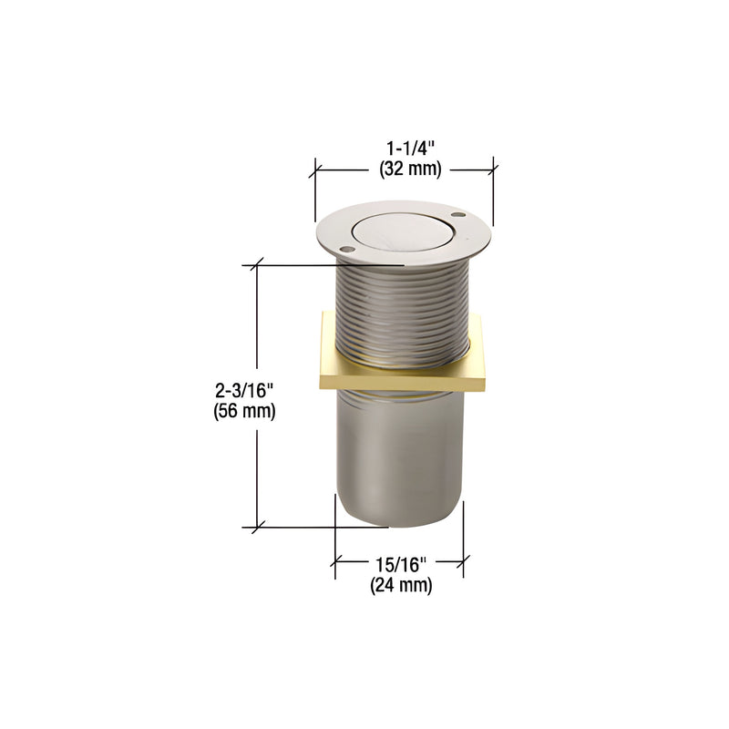 A technical diagram of a cylindrical brushed nickel non-locking dust proof keeper with dimension labels.