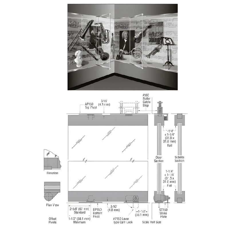 A technical diagram showing the assembly of a CRL-Blumcraft 1301 Series display case door with 1/2-inch laminated glass and brushed stainless rails.