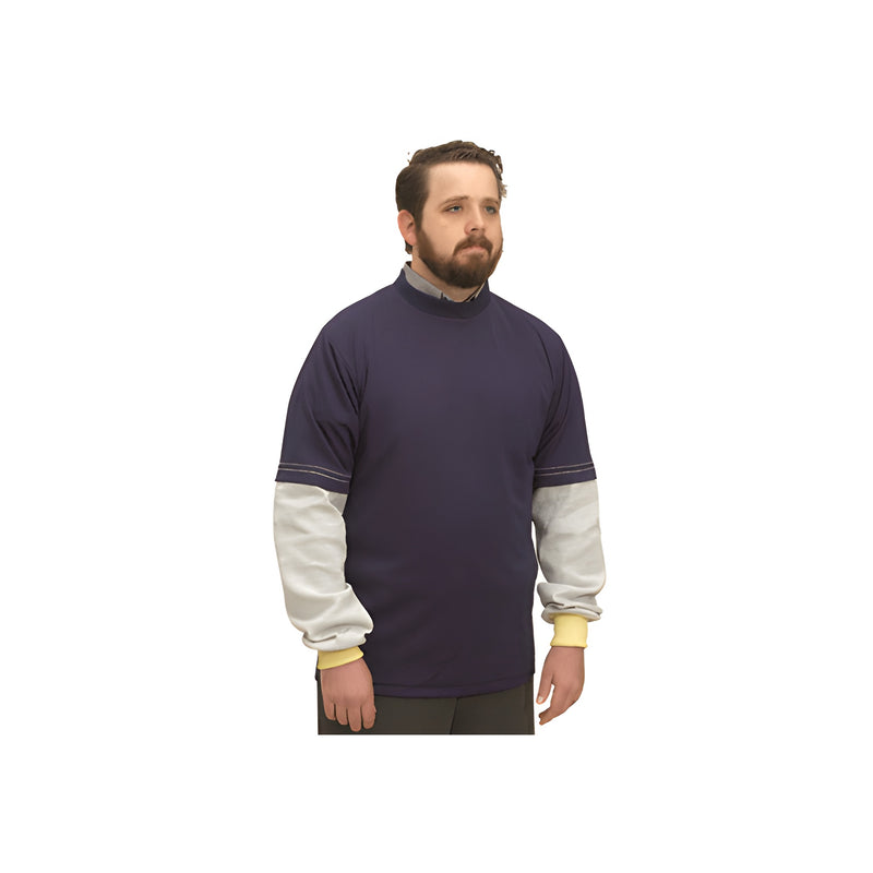 A man wearing a navy blue and grey long-sleeve cut protection t-shirt with yellow cuffs.