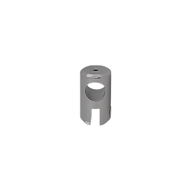 A cylindrical brushed nickel brass movable bracket designed for securing 3/8 inch to 1/2 inch thick glass panels.