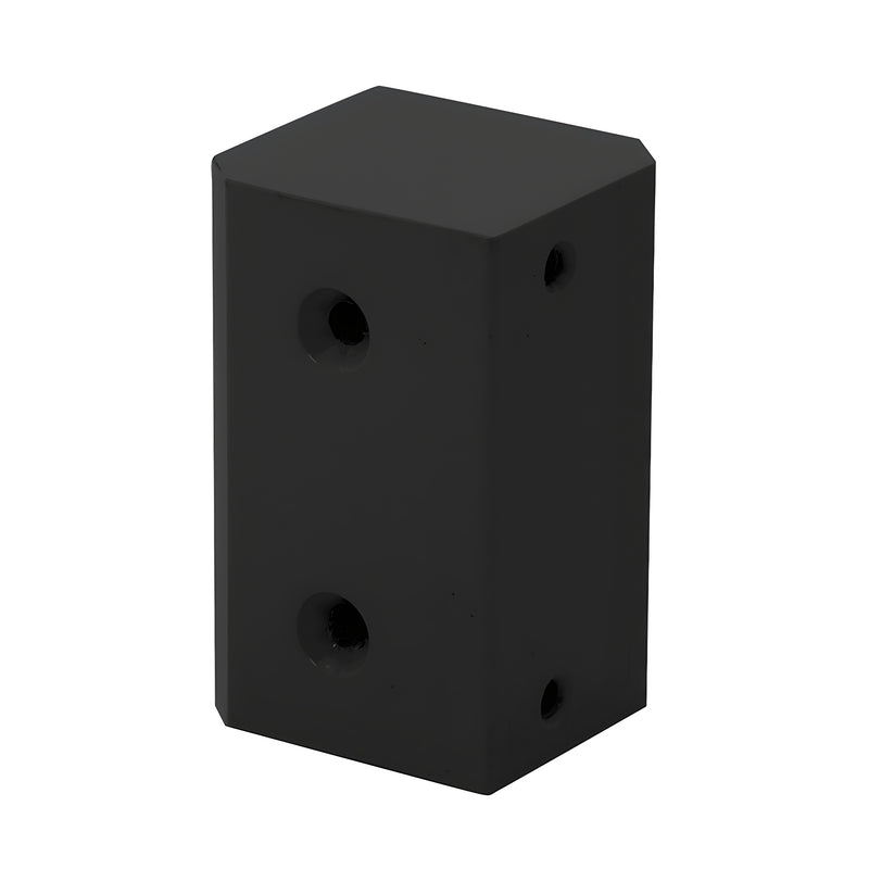 A matte black surface mount strike plate block shown from an angled perspective with visible screw holes.