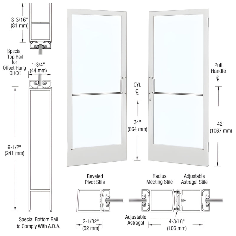 Technical diagram showing a pair of white narrow stile entrance doors with dimensions for rails, stiles, and hardware.