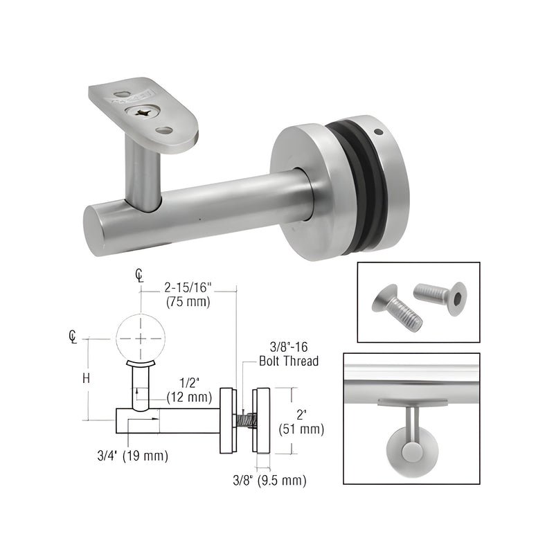 A 316 brushed stainless steel Malibu Series hand rail bracket shown with its technical dimension drawing and mounting hardware.