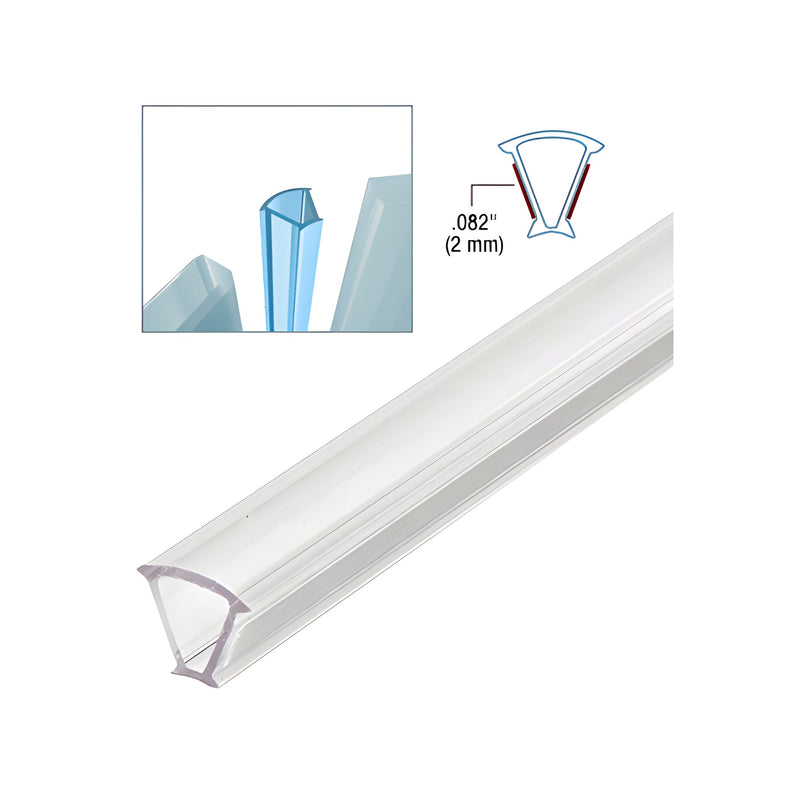 A clear copolymer strip for 135-degree glass-to-glass joints shown with a technical cross-section diagram.