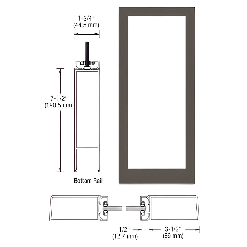 Technical diagram showing the profile and bottom rail dimensions of a Series 400 medium stile entrance door in black bronze anodized finish.