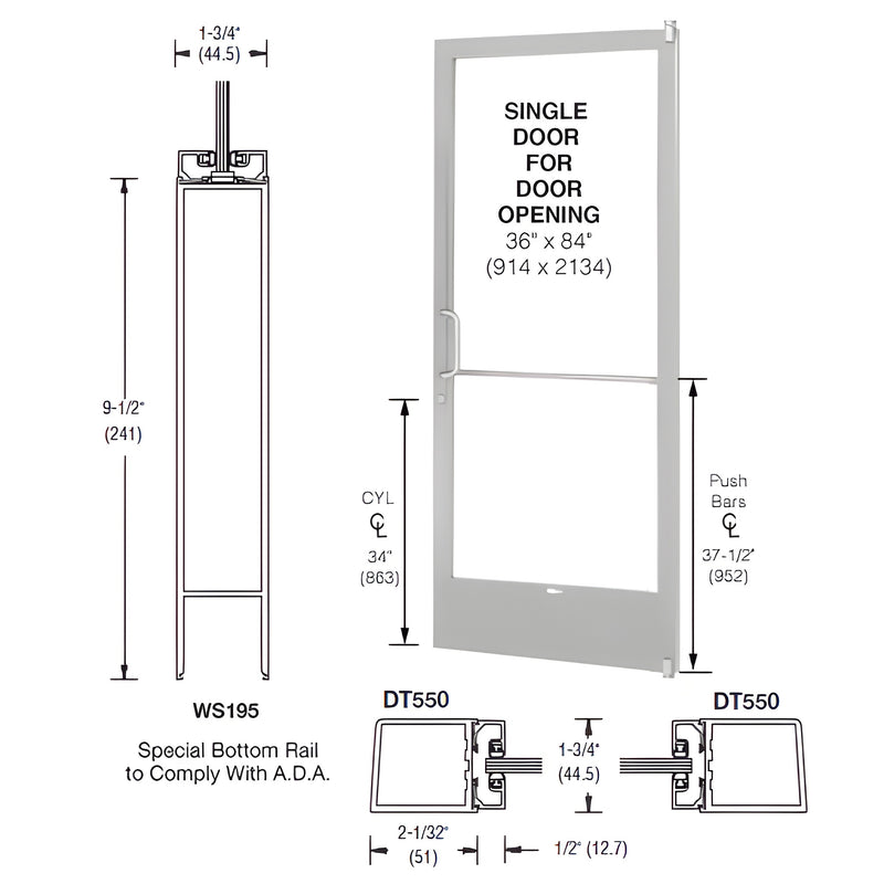 Technical diagram showing the dimensions and components of a 250 Series narrow stile single aluminum door with a 9-1/2 inch bottom rail.
