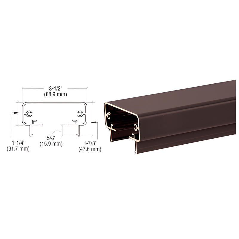 A technical cross-section diagram and a perspective view of the matte bronze aluminum 200 series top rail.