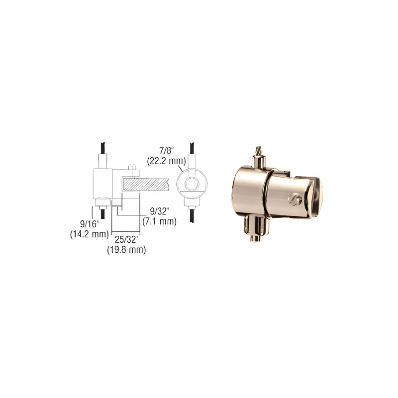 A technical diagram and a photograph of a brushed nickel brass adjustable shelf bracket for a cable display system.