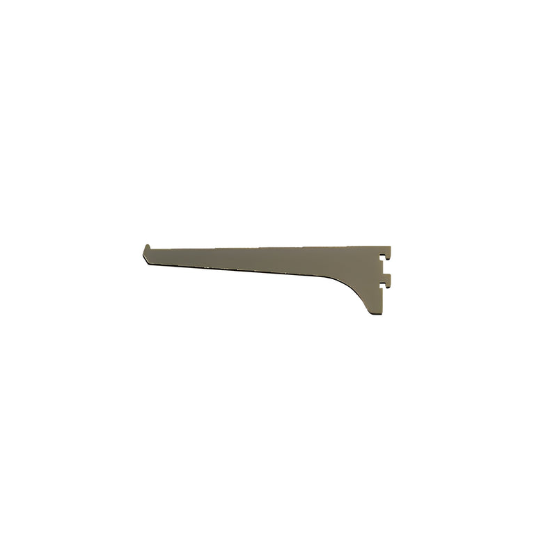 A side profile view of an 8-inch aluminum shelf bracket featuring a dark bronze anodized finish.