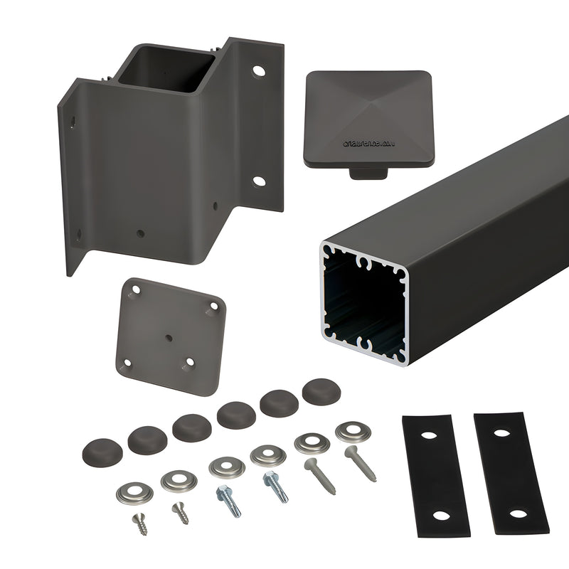 A matte bronze 100 Series 90-degree inside fascia mount post kit including an aluminum post, mounting bracket, cap, and hardware.