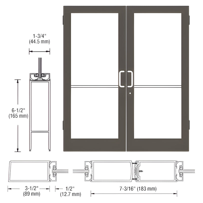 Technical diagram showing the elevation and cross-section profile of a pair of Series 400 medium stile butt hinged entrance doors.