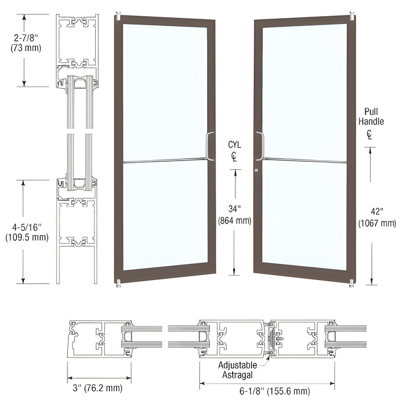 A technical diagram showing the elevation and cross-section profiles of a pair of Series 250T narrow stile thermal entrance doors in dark bronze.