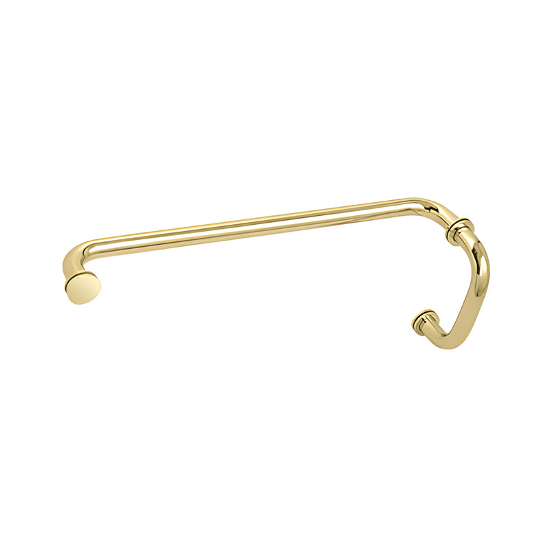A tubular unlacquered brass pull handle and towel bar combination unit designed for back-to-back glass mounting.