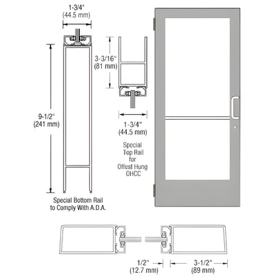 CRL-U.S. Aluminum Clear Anodized Single 36" x 84" Series 400 Medium Stile Right Side Latch Butt Hinged Entrance Door for Overhead Concealed Door Closer