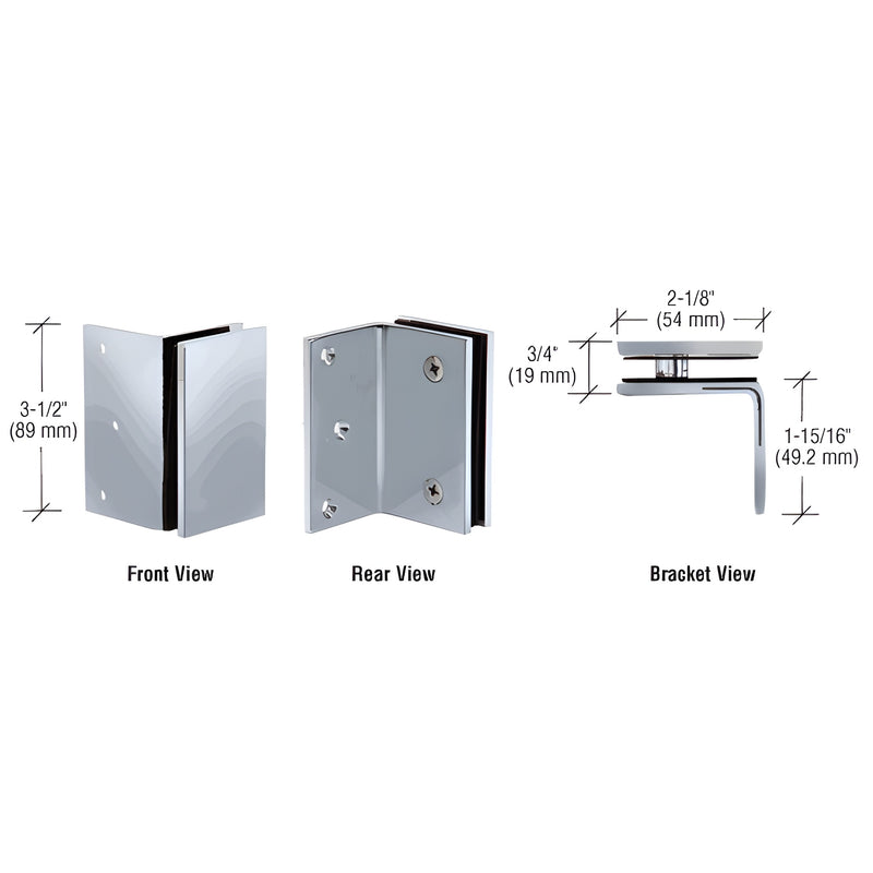 Technical diagram showing the front, rear, and top views of the polished chrome brass Geneva series wall mount bracket with dimension labels.