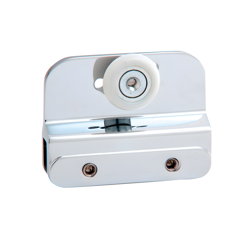 A brite anodized brass inside top hanger bracket with a white nylon roller wheel.