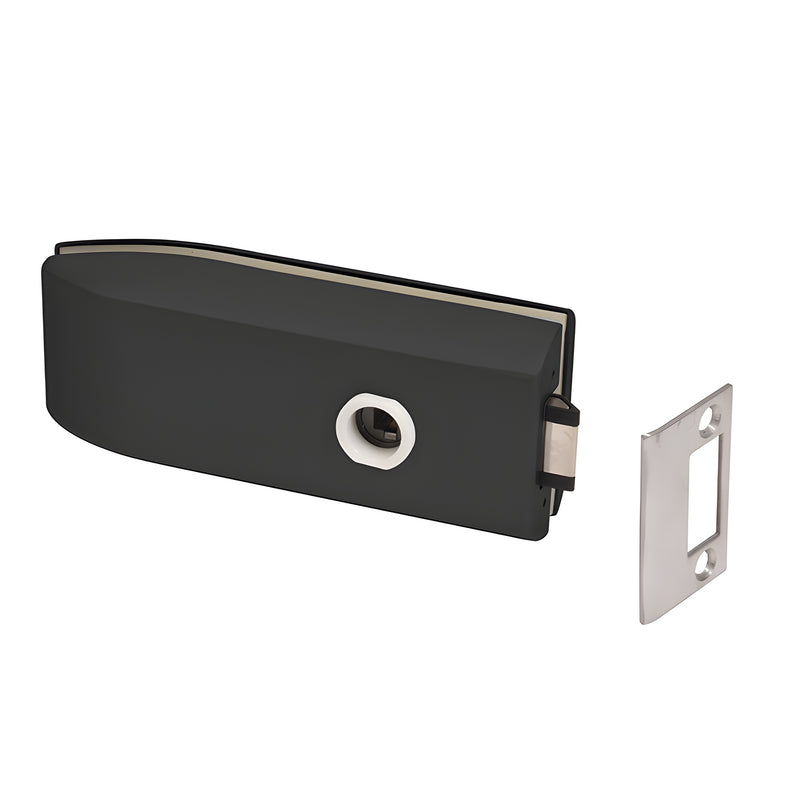 A matte black glass mounted passage latch made of 304 stainless steel shown with its matching strike plate.