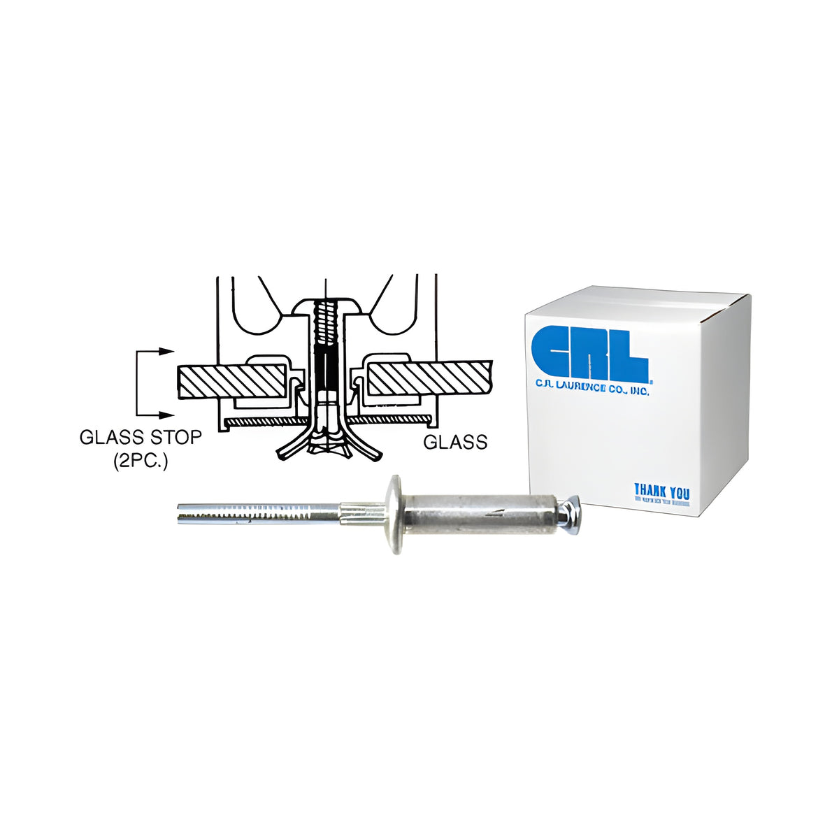 A metal door glass stop rivet is shown alongside a technical installation diagram and a CRL branded bulk shipping box.