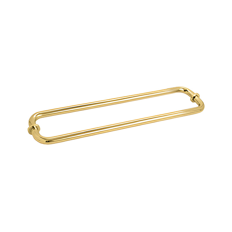 A pair of unlacquered brass tubular towel bars designed for back-to-back glass mounting.
