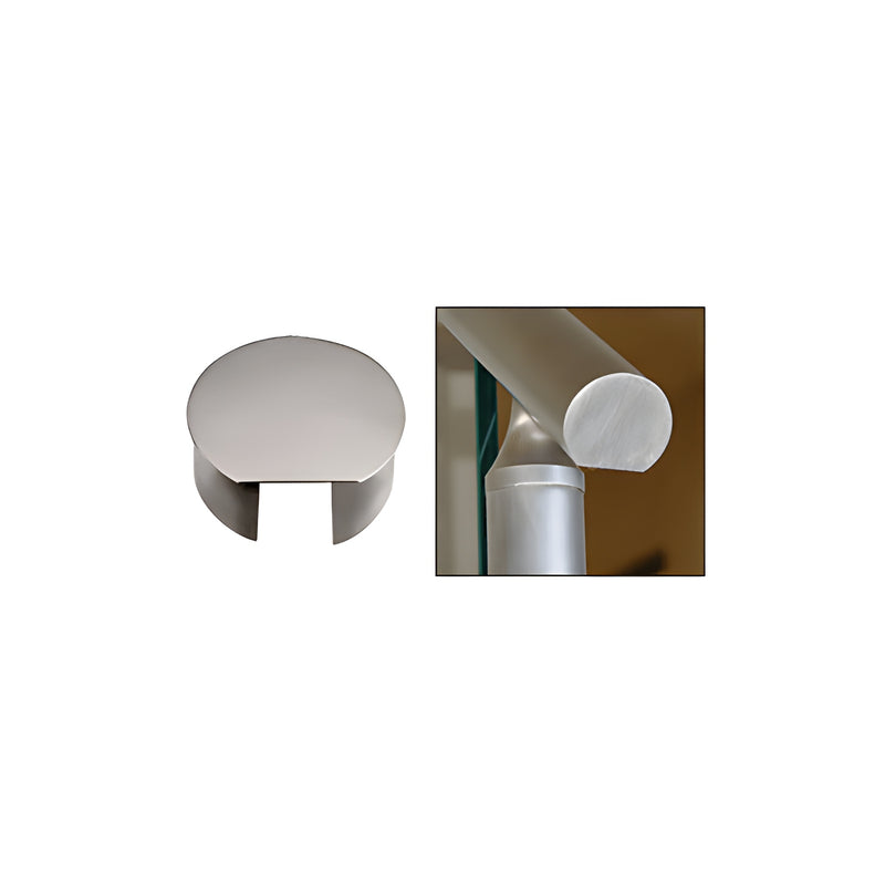 A brushed stainless steel end cap for a 1.66-inch diameter top rail shown in isolation and installed on a railing system.