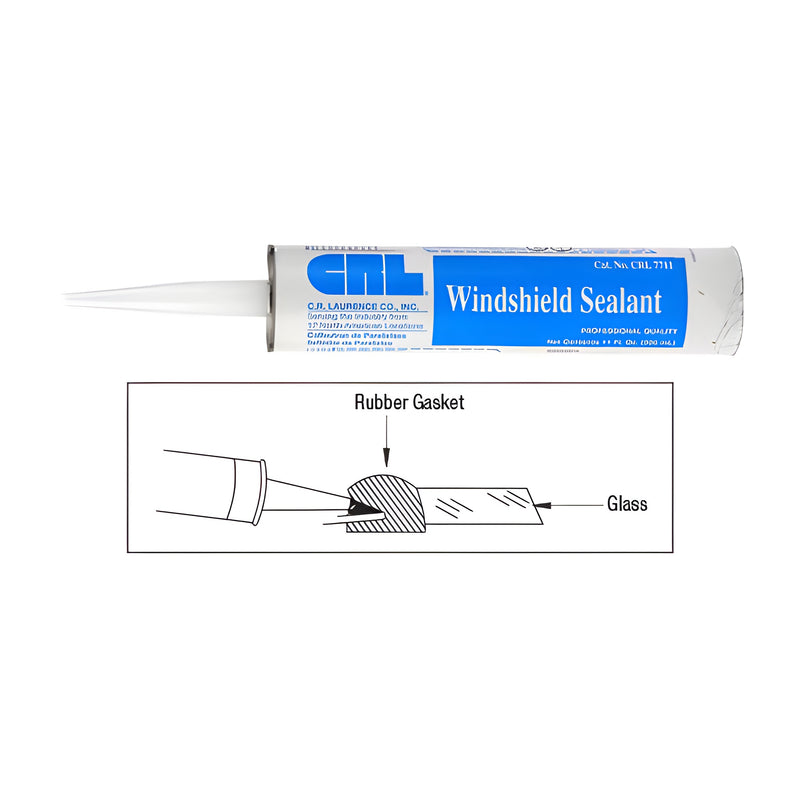 An 11 oz. cartridge of CRL black windshield sealant is shown above a diagram illustrating its application between a rubber gasket and glass.