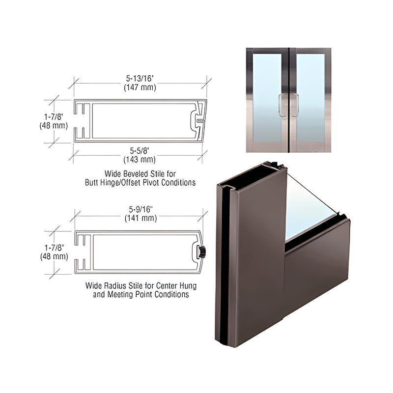 Technical diagrams showing wide beveled and radius stile profiles alongside a 3D rendering of a dark bronze clad full framed door.