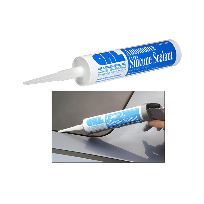 A 10.1 oz. cartridge of CRL black automotive silicone sealant is shown being applied to a vehicle window frame with a caulking gun.