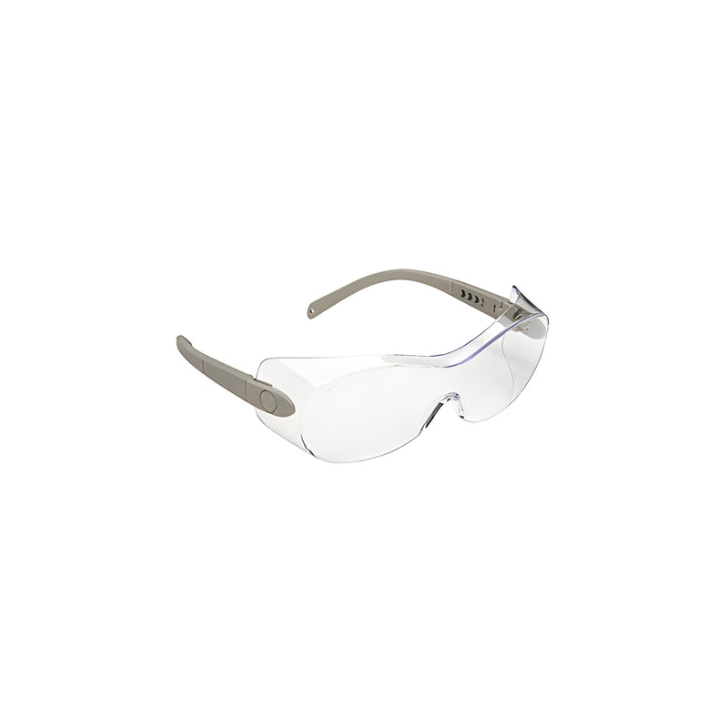 A pair of clear polycarbonate safety glasses with grey temples shown against a white background.