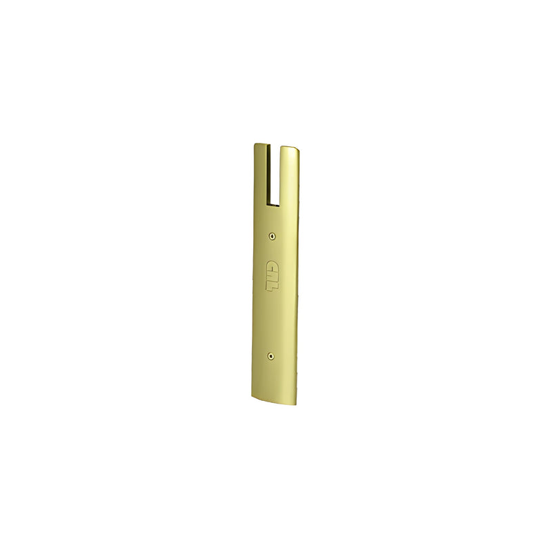 A polished brass end cap for a 10-inch square door rail featuring a vertical slot and two mounting screws.