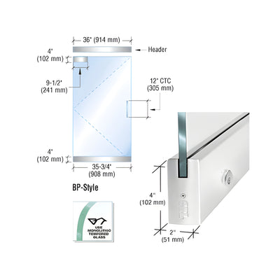 CRL Dry Glazed Frameless Glass 3' BP-Style Polished Stainless Single Door Complete Entrance Kit - with Lock