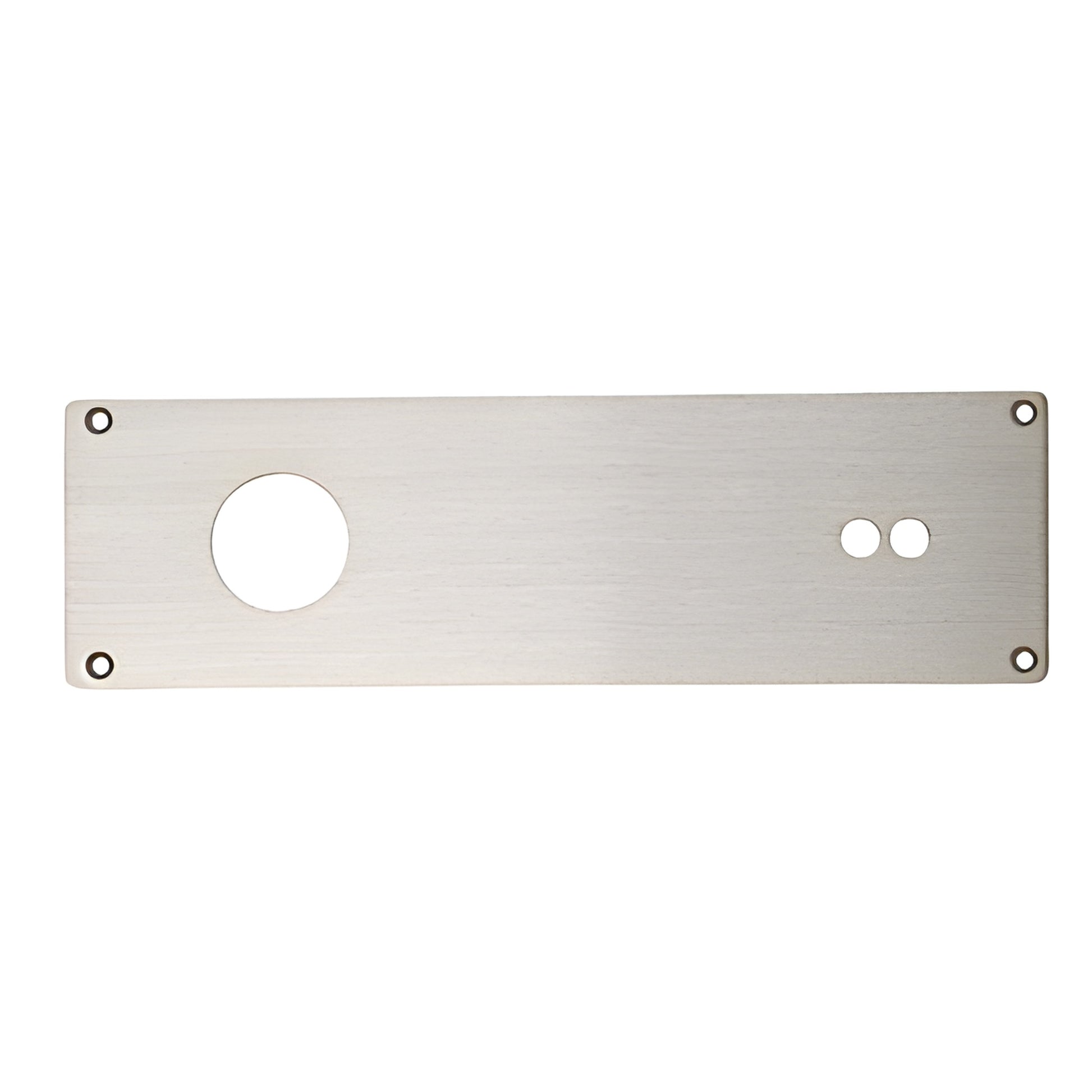 Anodized aluminum cover plate (3-3/4" x 12-1/2") with one large hole, two small holes and four corner screw holes.