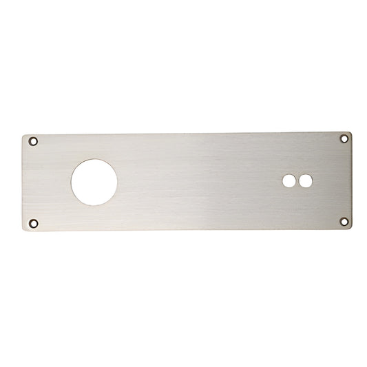 Anodized aluminum cover plate (3-3/4" x 12-1/2") with one large hole, two small holes and four corner screw holes.