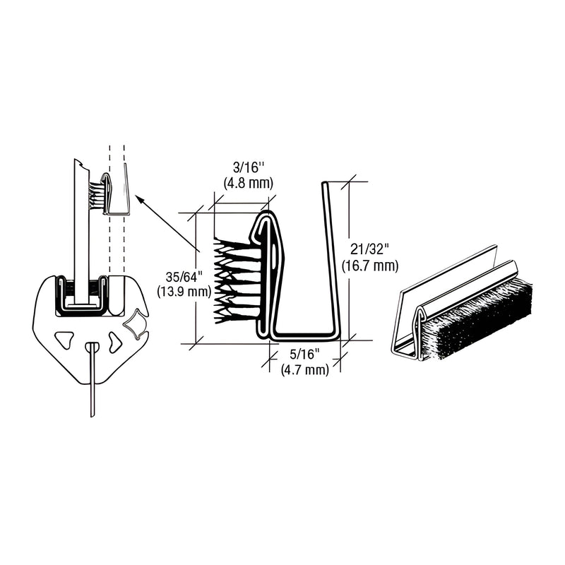 A technical diagram showing the profile dimensions and installation of the black rigid marine glass edge seal with brush pile.